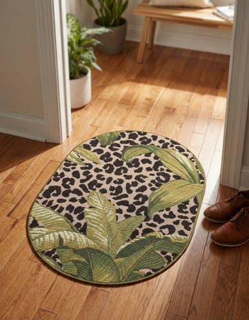 Green Easy-Clean Botanical Indoor / Outdoor Oval Rug