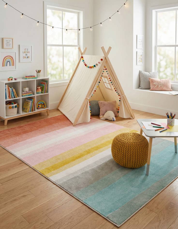 Detail image of 6' 1 x 9' Rainbow Stripes Whimsy Kids Rug