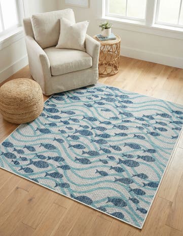 Blue Easy-Clean Coastal Indoor / Outdoor Square Rug