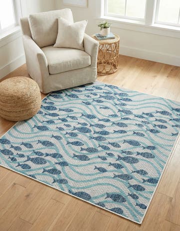 Blue Easy-Clean Coastal Indoor / Outdoor Square Rug