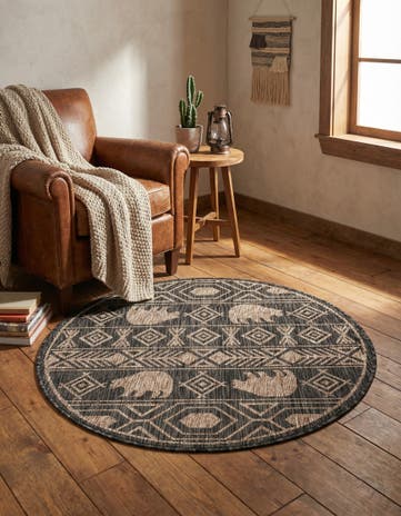 Black Easy-Clean Southwestern Indoor / Outdoor Round Rug