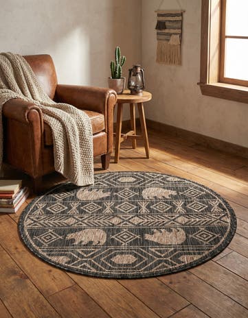 Black Easy-Clean Southwestern Indoor / Outdoor Round Rug