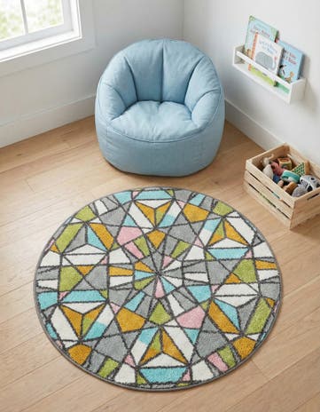 3' 3 x 3' 3 Stained Glass Whimsy Kids Round Rug