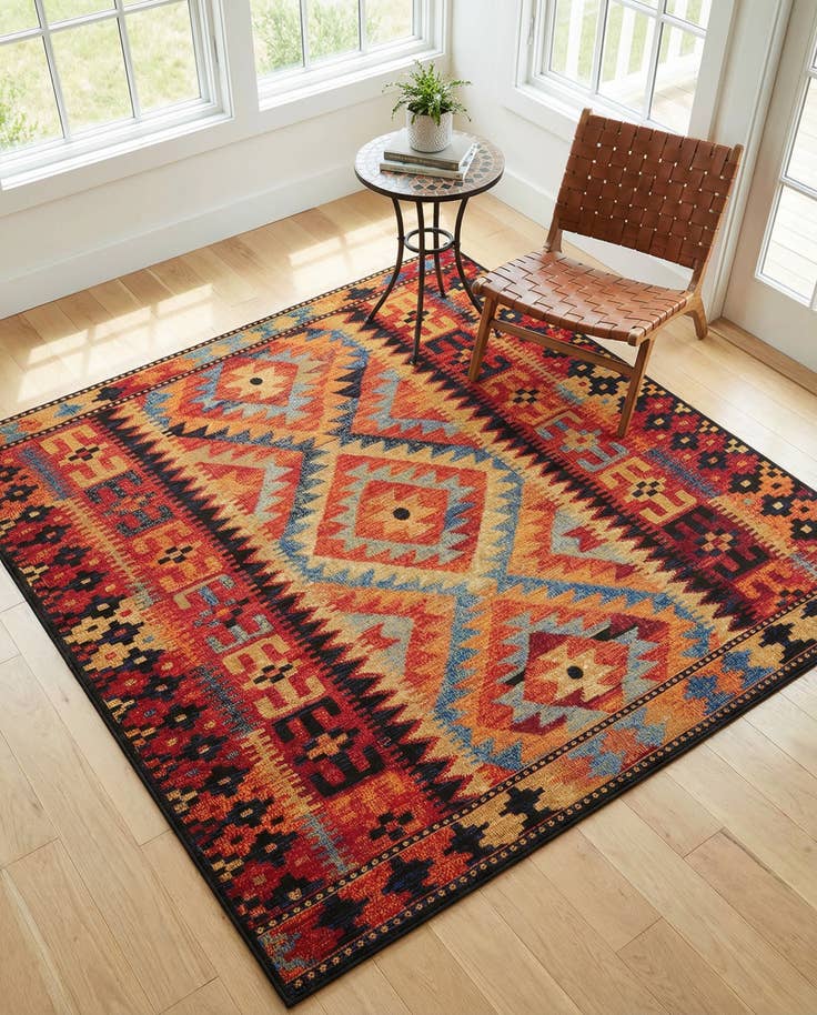 Detail image of 5' 3 x 5' 3 Easy-Clean Tribal Indoor / Outdoor Square Rug