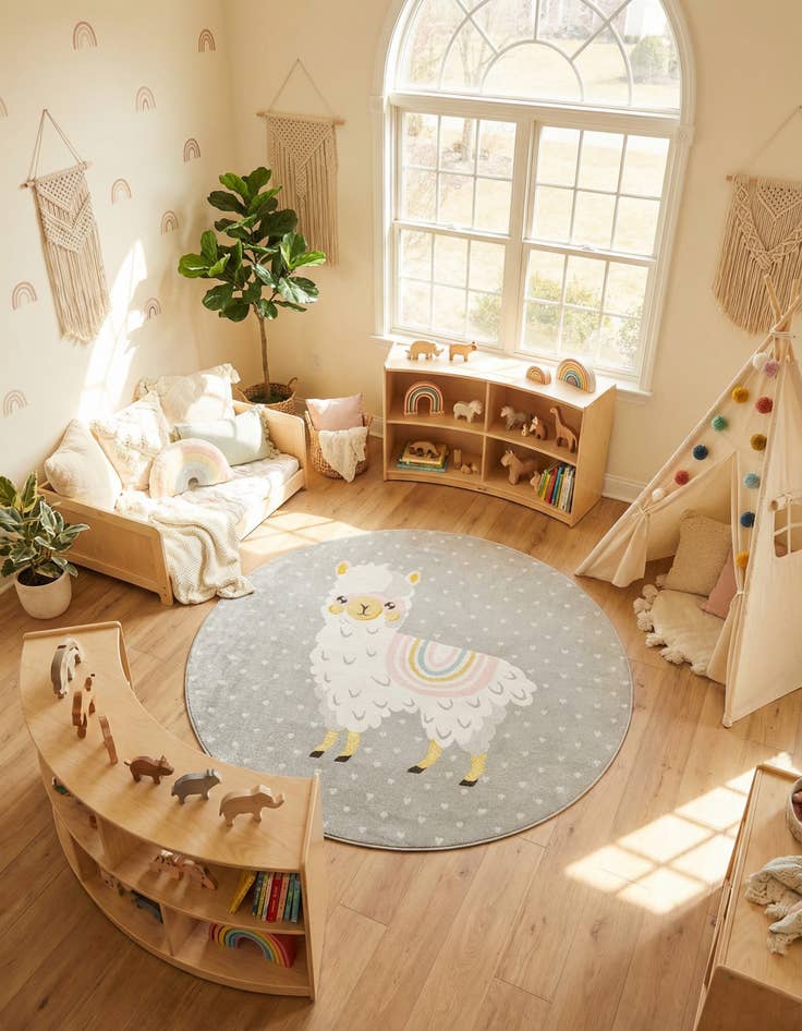 Detail image of  7' 10 x 7' 10 Llama Whimsy Kids Round Rug