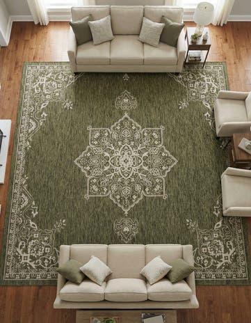 Green Easy-Clean Traditional Indoor / Outdoor Square Rug