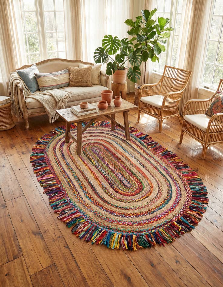 Detail image of  5' 1 x 8'  Hand Braided Chindi Jute Oval Rug