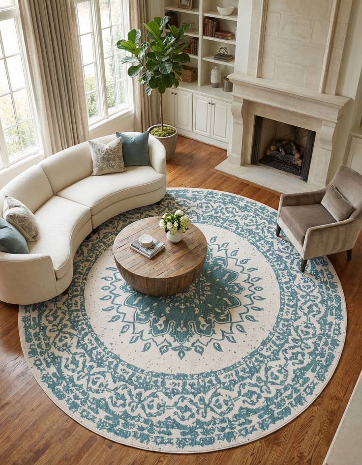 Detail image of 12' x 12'  Washable Traditional Indoor / Outdoor Round Rug
