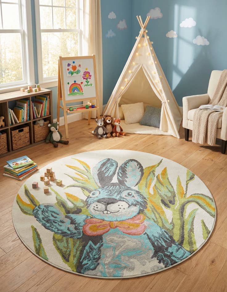 Detail image of 6' 1 x 6' 1 Rabbit Whimsy Kids Round Rug