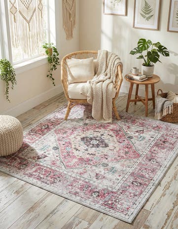 Light Coral Pink Washable Yara Square Rug
