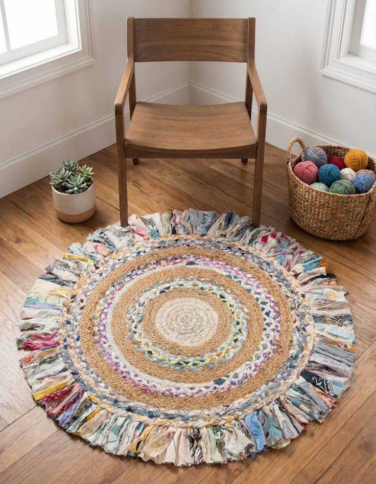 Detail image of  3' 1 x 3' 1  Hand Braided Chindi Jute Round Rug