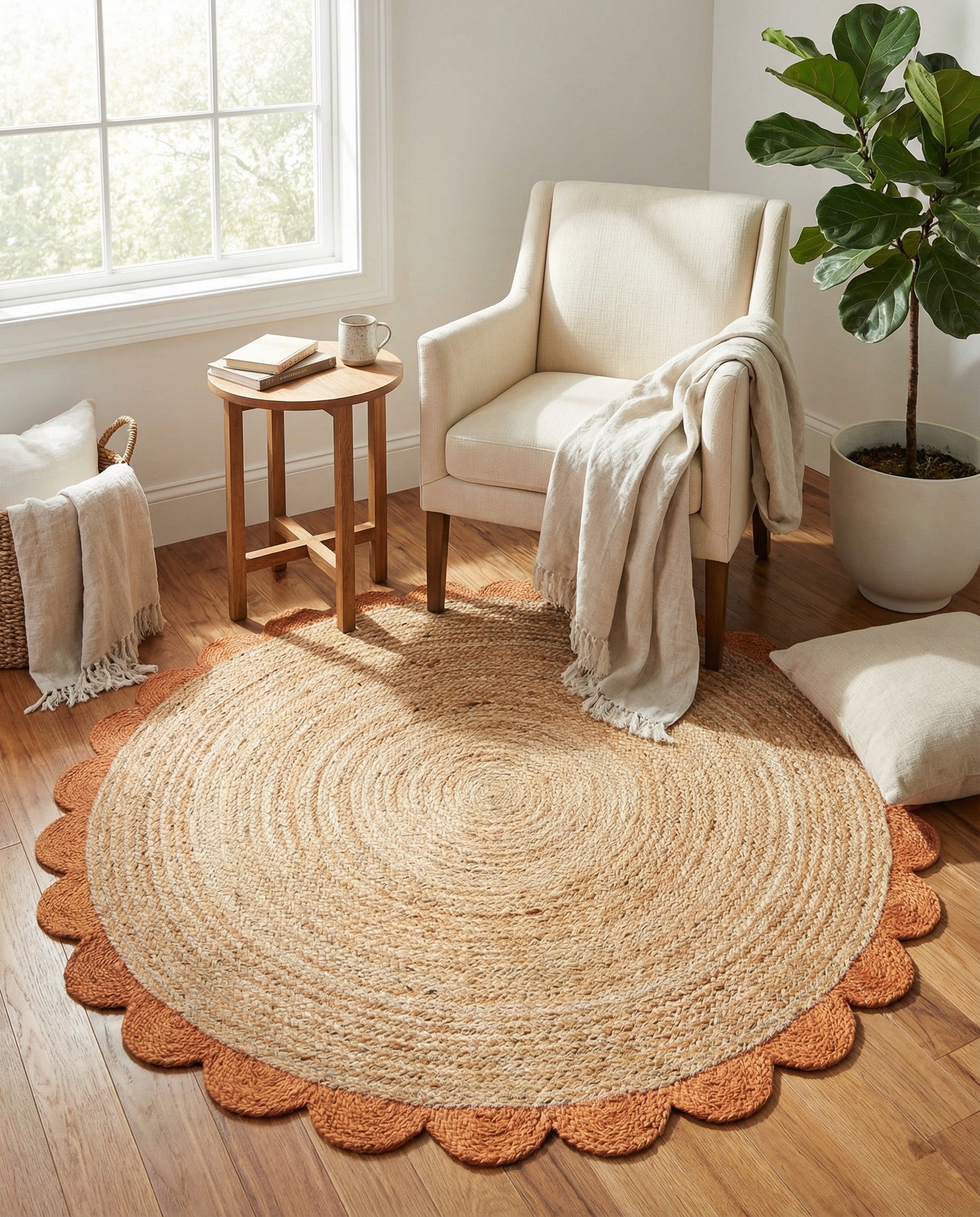 5' 1 x 5' 1 Handmade Scallop Braided Jute Round Rug