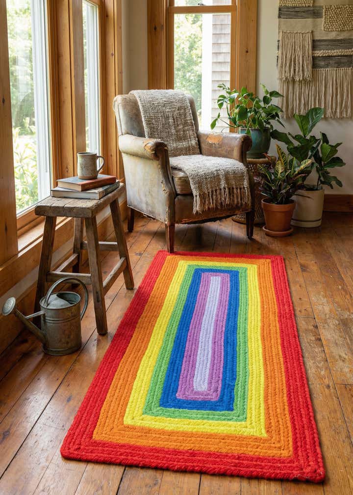 2' x 4' 1 Handmade Hand Braided Rainbow Wool Runner Rug