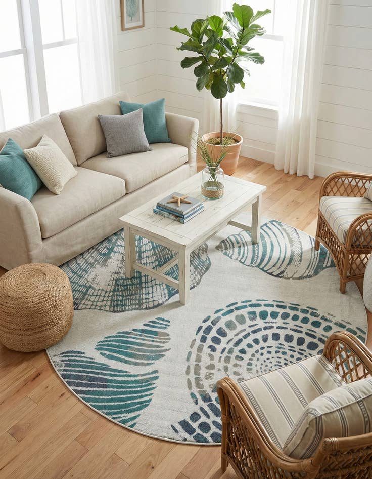 Detail image of 7' x 7' Washable Coastal Indoor / Outdoor Round Rug