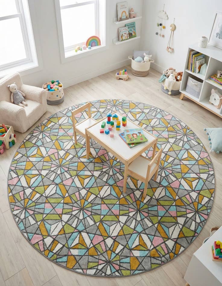 Detail image of 7' 10 x 7' 10 Stained Glass Whimsy Kids Round Rug