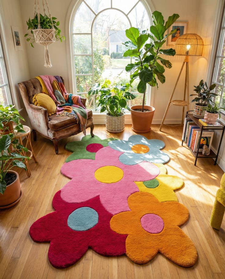 Detail image of 4' 3 x 6' 1 Happy Rugs Fluffy Flowers Wool