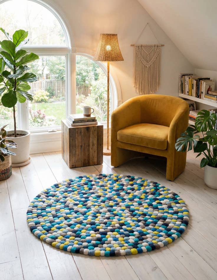 Detail image of  4' 1 x 4' 1  Hand Woven Felt Ball Wool Round Rug