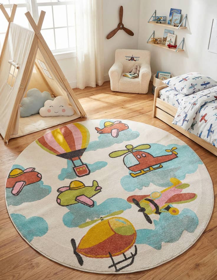 Detail image of 7' 10 x 7' 10 Airplanes Whimsy Kids Round Rug
