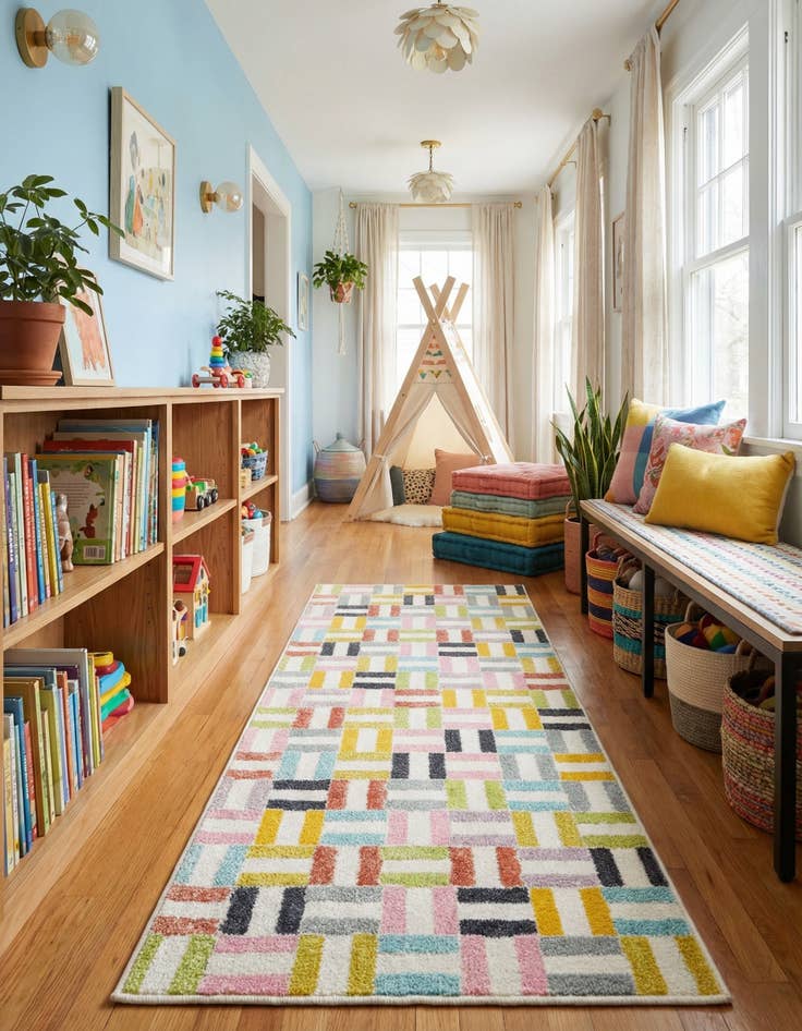 Detail image of 2' 2 x 6' Checkered Whimsy Kids Runner Rug