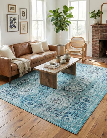 Light Blue Washable Fleur Rug