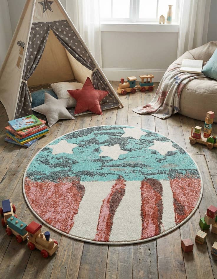 Detail image of 3' 3 x 3' 3 American Flag Whimsy Kids Round Rug