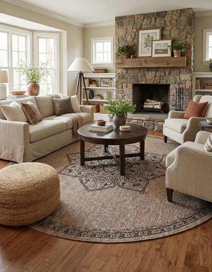 Detail image of 12' x 12'  Washable Traditional Indoor / Outdoor Round Rug