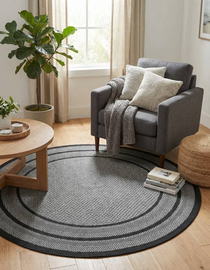 Detail image of 5' 3 x 5' 3 Washable Border Indoor / Outdoor Round Rug