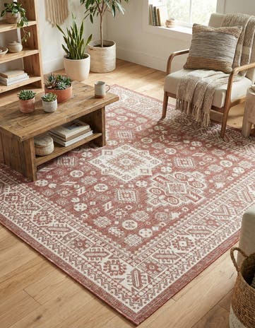 Rust Red Easy-Clean Aztec Indoor / Outdoor Square Rug