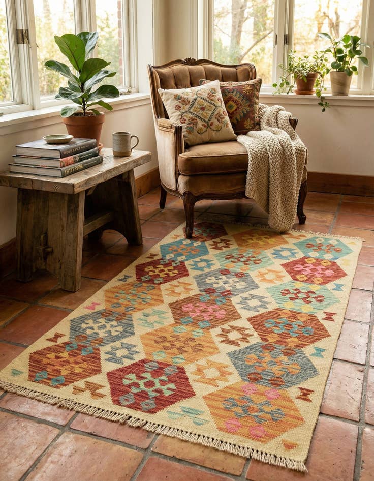 Detail image of 3' 2 x 4' 10 Hand Woven Kilim Maymana Wool Rug