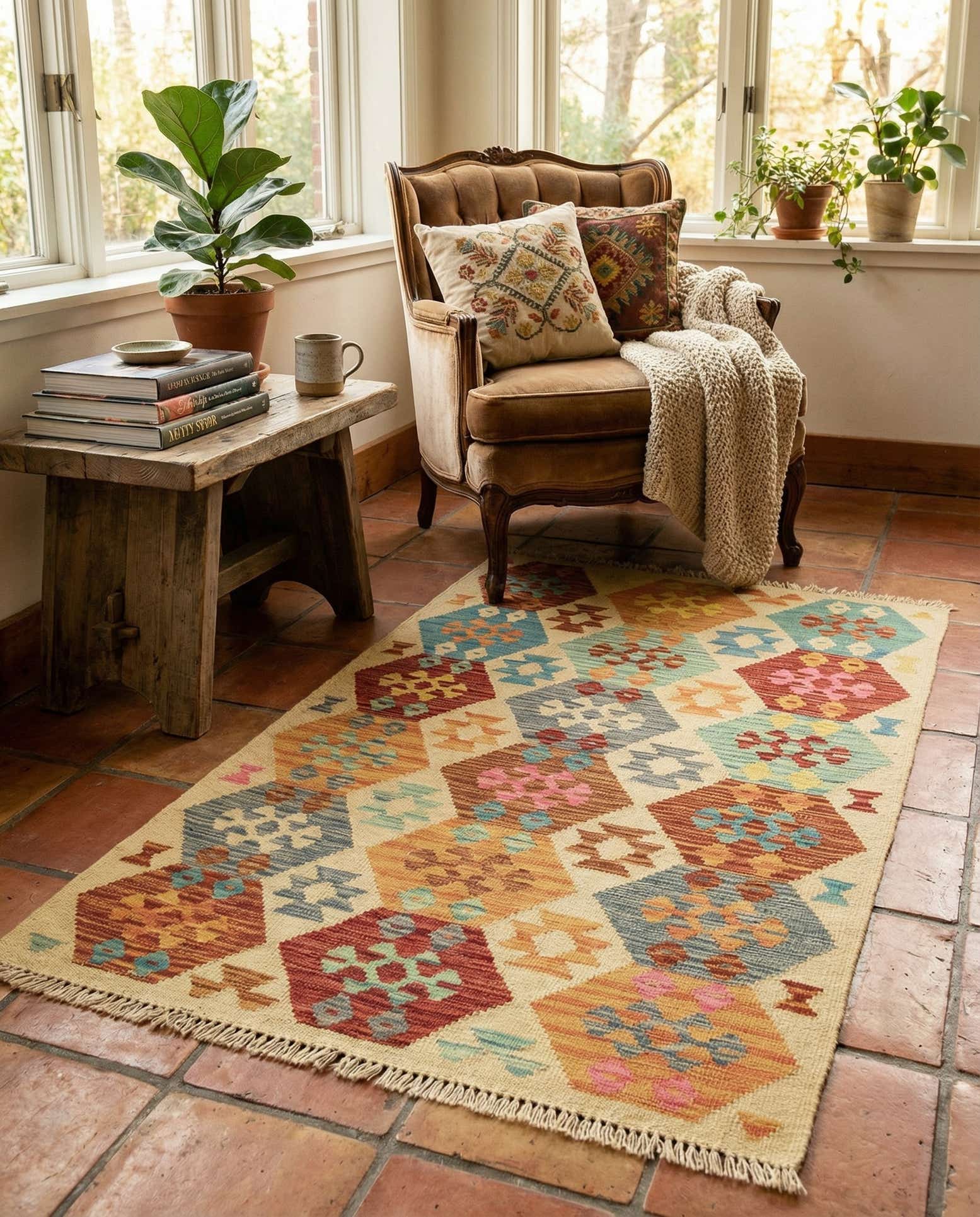 3' 2 x 4' 10 Hand Woven Kilim Maymana Wool Rug