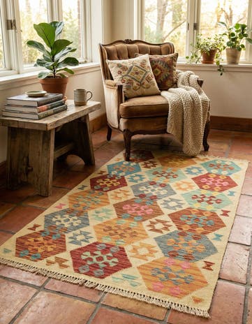 3' 2 x 4' 10 Hand Woven Kilim Maymana Wool Rug