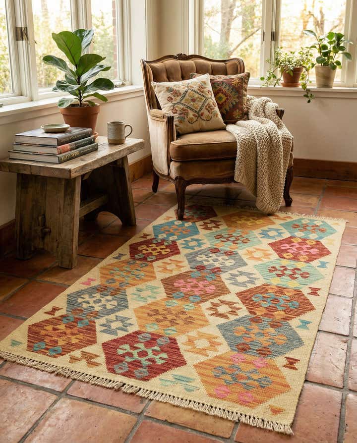 3' 2 x 4' 10 Hand Woven Kilim Maymana Wool Rug