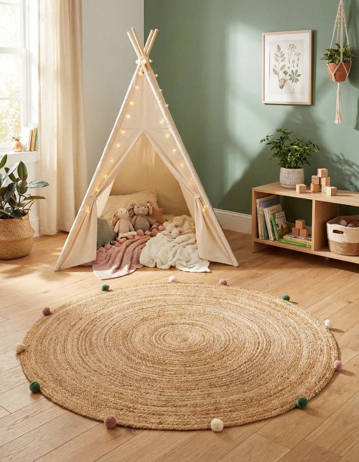 Detail image of 5' 3 x 5' 3  Hand Braided Kids Braided Jute Round Rug