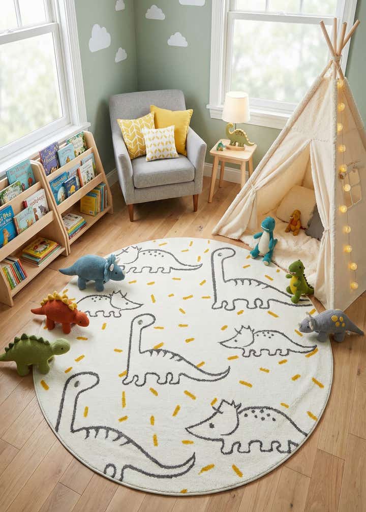 6' 1 x 6' 1 Dinosaur Whimsy Kids Round Rug