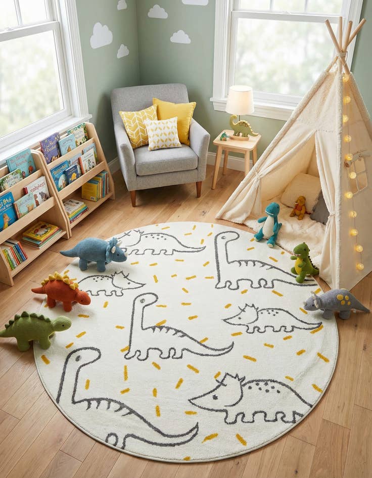 Detail image of 6' 1 x 6' 1 Dinosaur Whimsy Kids Round Rug