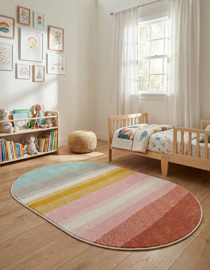 Detail image of 3' 3 x 5' 3 Rainbow Stripes Whimsy Kids Oval Rug
