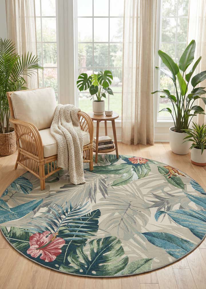 7' x 7' Easy-Clean Botanical Indoor / Outdoor Round Rug