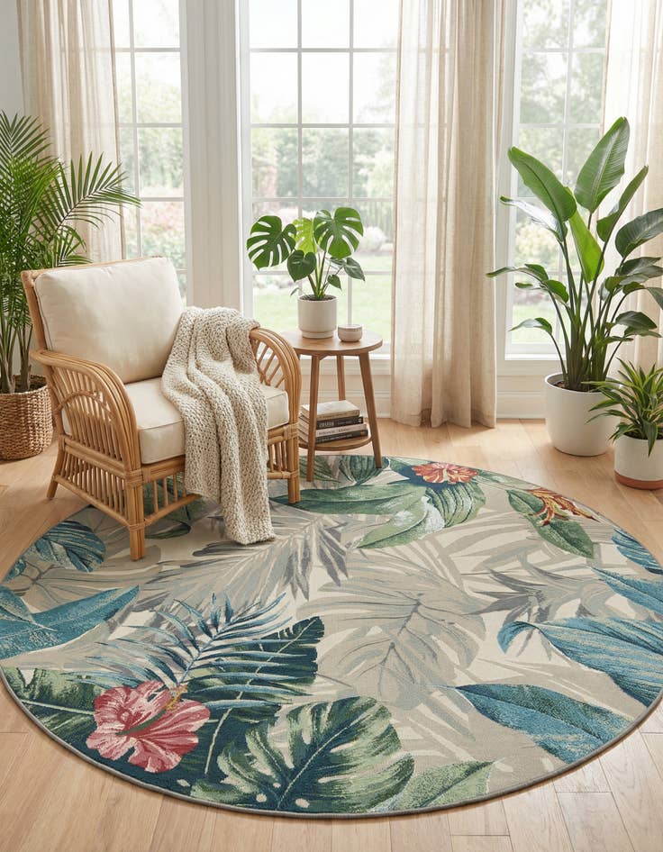 Detail image of 7' x 7' Washable Botanical Indoor / Outdoor Round Rug