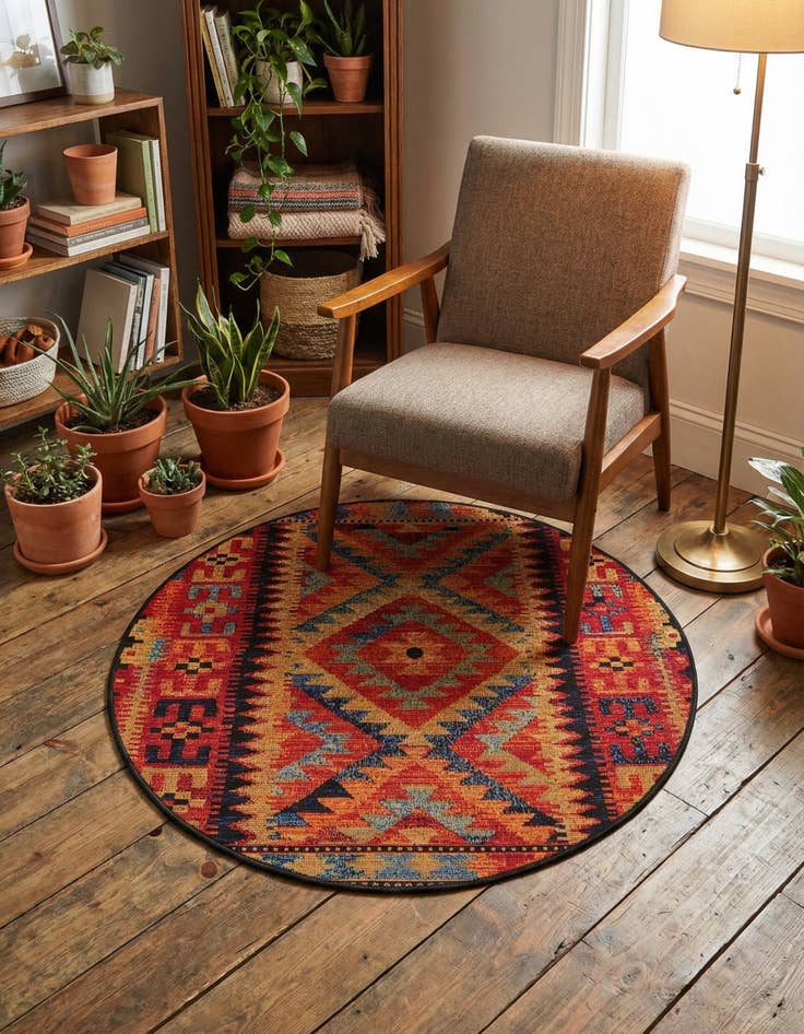 Detail image of 3' x 3' Easy-Clean Tribal Indoor / Outdoor Round Rug