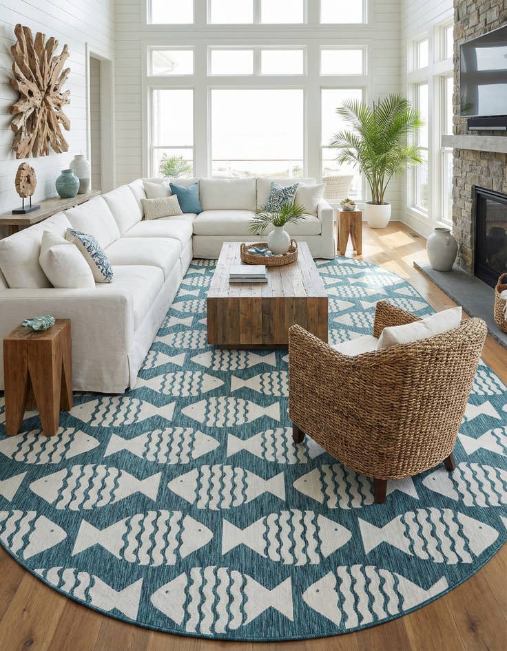 Detail image of 13' x 13'  Washable Coastal Indoor / Outdoor Round Rug