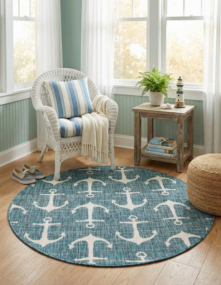 Detail image of 4' x 4'  Washable Coastal Indoor / Outdoor Round Rug