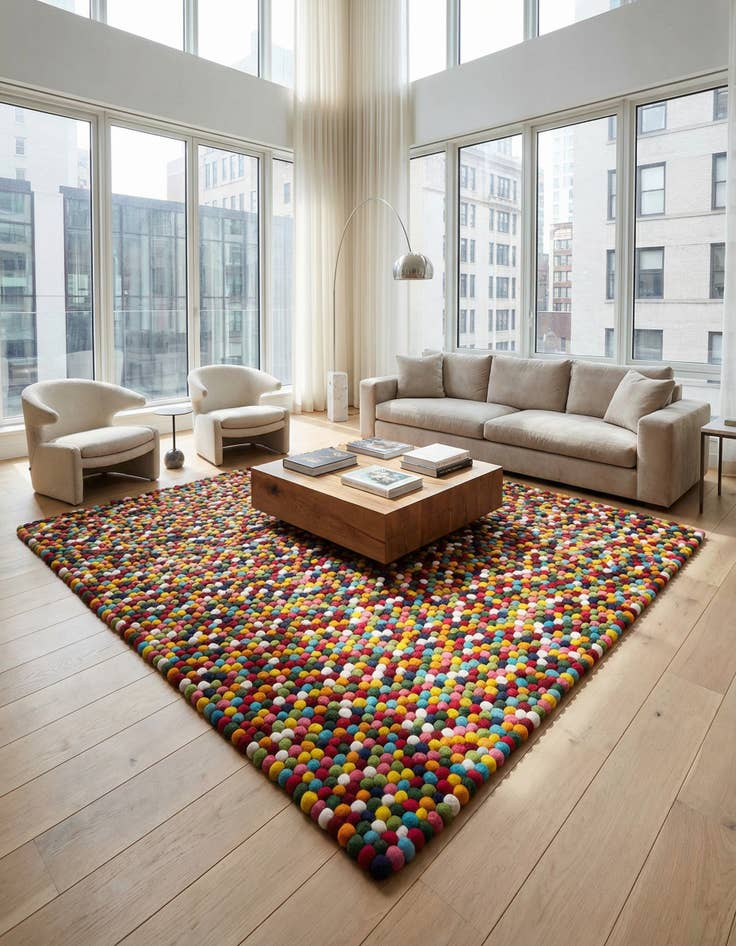 Detail image of 7' 10 x 7' 10 Felt Ball Wool Square Rug