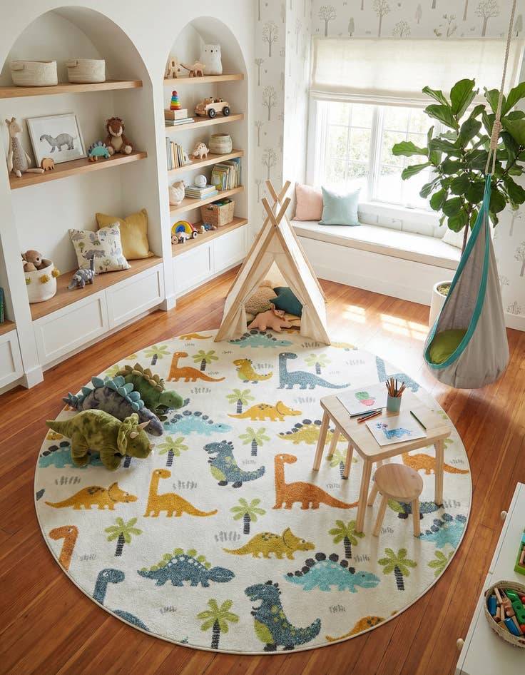 Detail image of 7' 10 x 7' 10 Dinosaur Whimsy Kids Round Rug