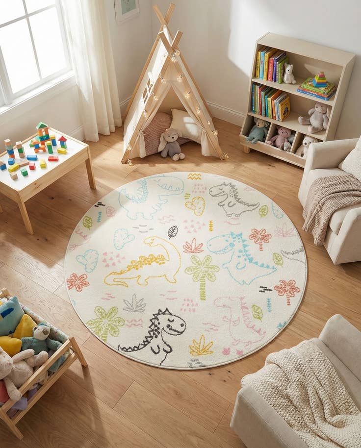 Detail image of 5' 3 x 5' 3 Dinosaur Whimsy Kids Round Rug