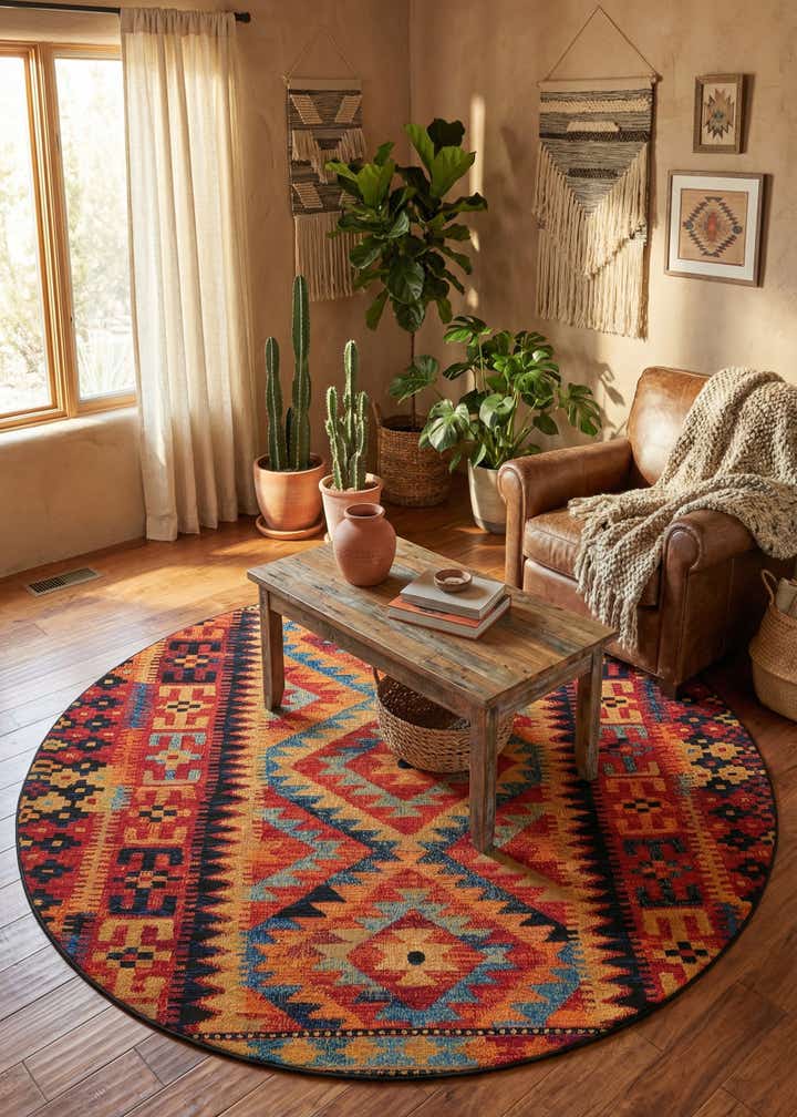 7' x 7' Easy-Clean Tribal Indoor / Outdoor Round Rug