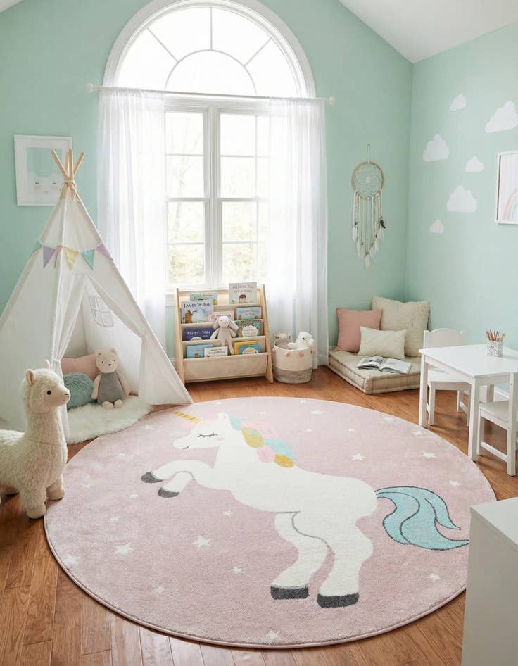 Detail image of 7' 10 x 7' 10 Unicorn Whimsy Kids Round Rug