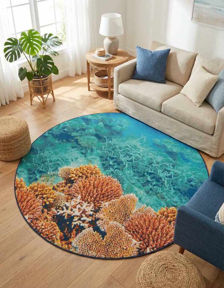 Detail image of 7' 10 x 7' 10 Washable Coastal Indoor / Outdoor Round Rug