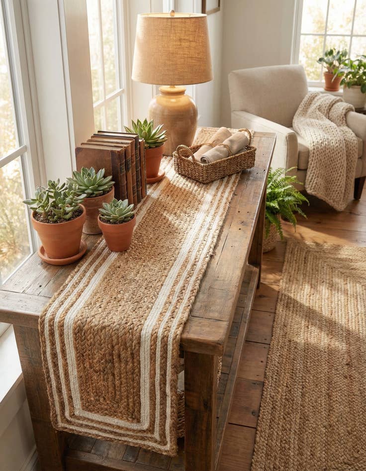 Detail image of 1' 2 x 8'  Hand Braided Jute Table Runner Rug