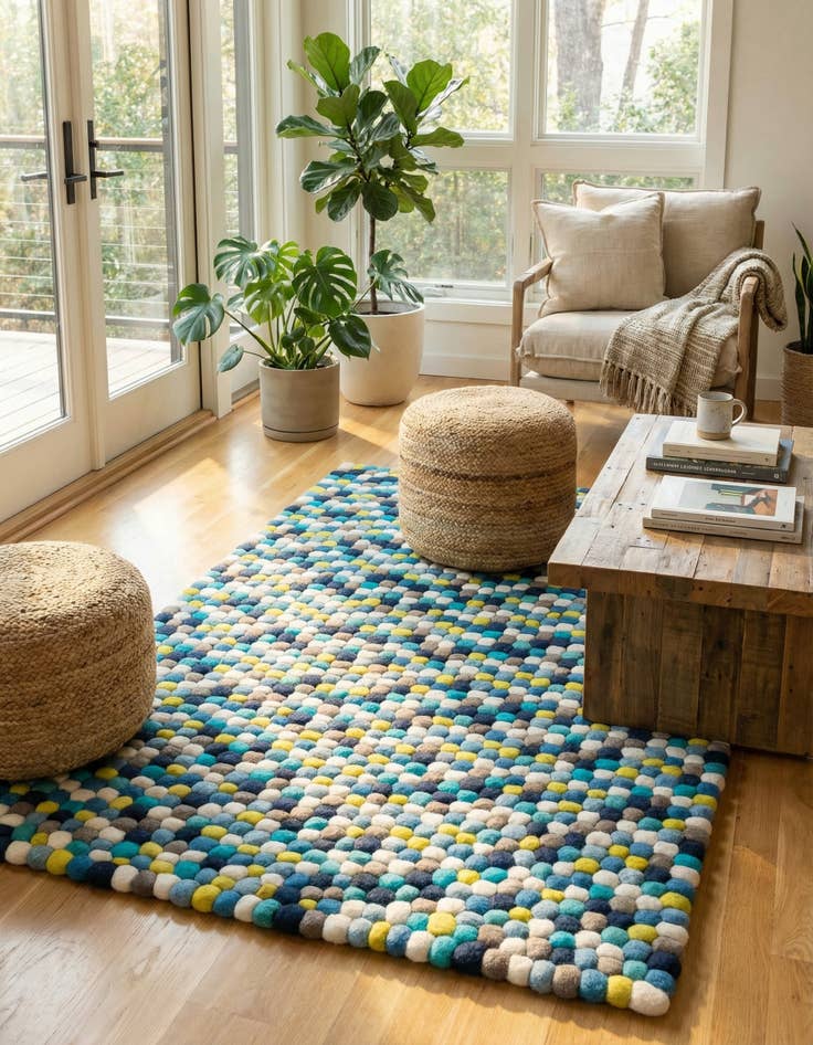 Detail image of 4' 1 x 6' 1 Hand Woven Felt Ball Wool Rug