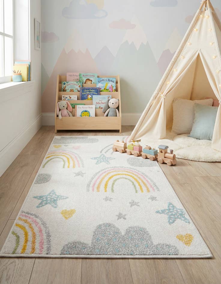 Detail image of 2' 2 x 4' Clouds and Rainbows Whimsy Kids Runner Rug